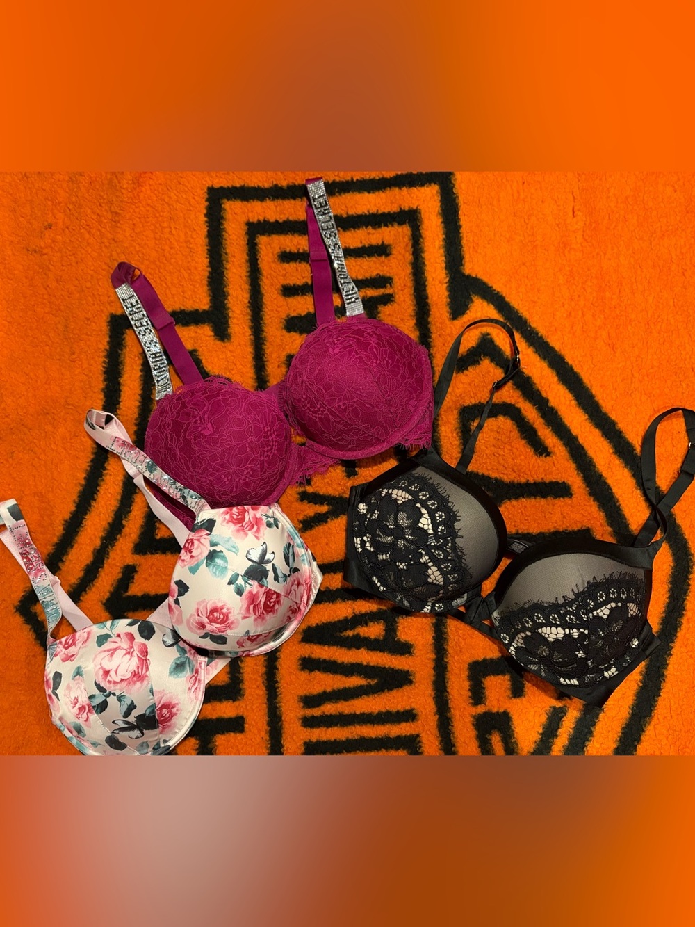 Victoria's Secret Floral & Lace Bra Trio - Magenta, Floral, Black